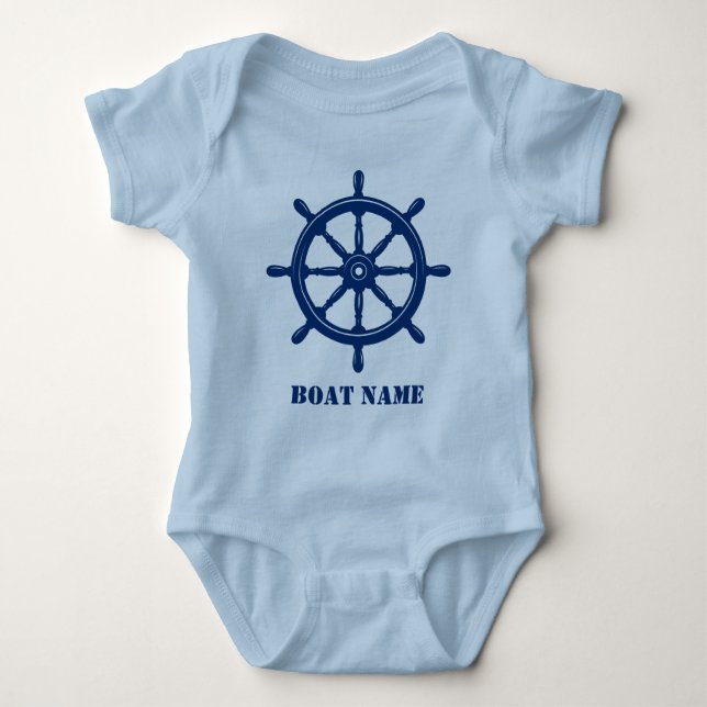 Boat Name or Your Name Ship Helm Wheel Navy Blue Baby Bodysuit (Front)