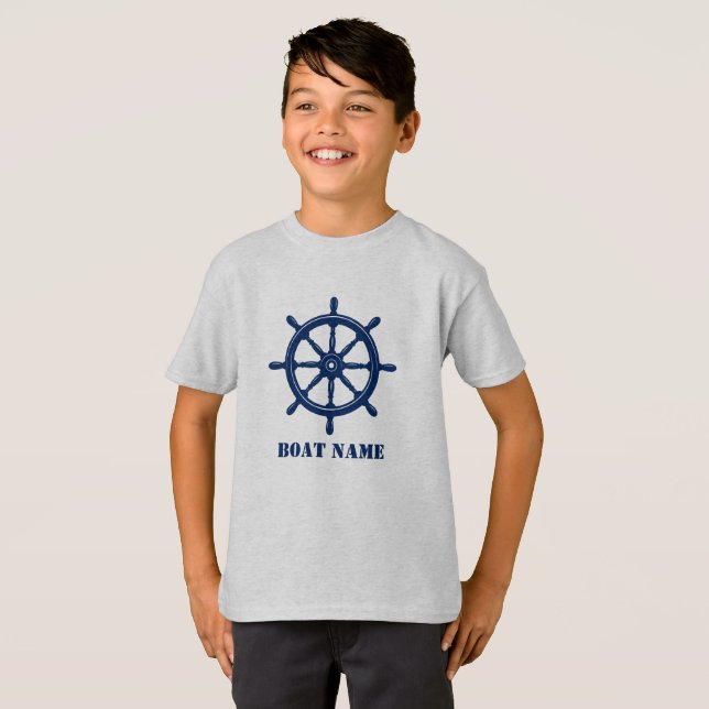 Boat Name or Your Name Ship Helm Wheel Navy & Gray T-Shirt (Front Full)