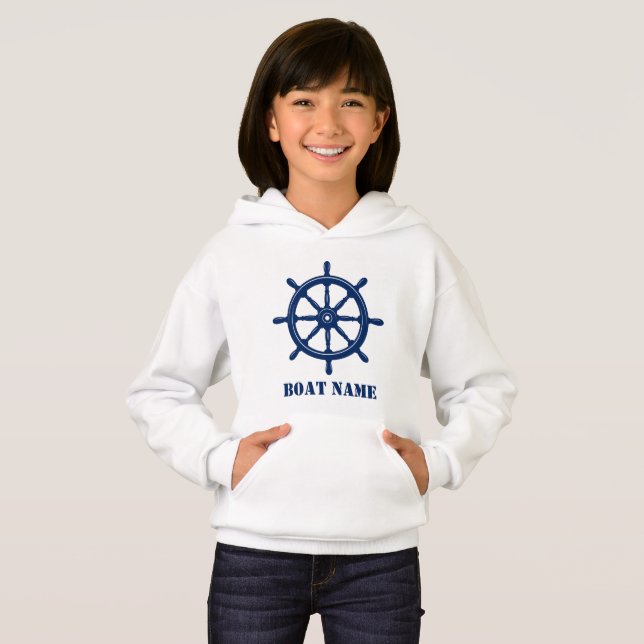 Boat Name or Your Name Ship Helm Wheel Navy White Hoodie (Front Full)
