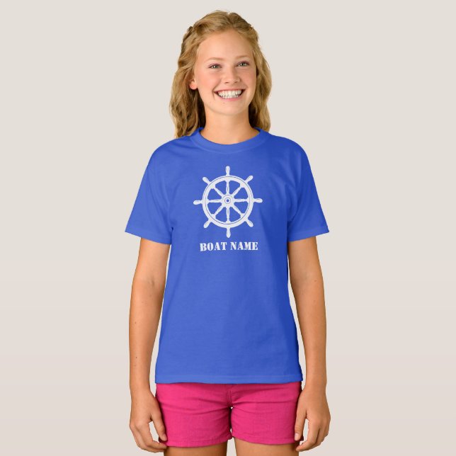 Boat Name or Your Name Ship Helm Wheel Royal Blue T-Shirt (Front Full)