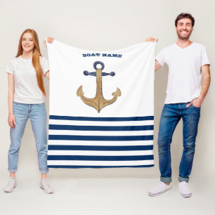 Boat Name,Retro Anchor  Navy Blue White Stripes Fleece Blanket