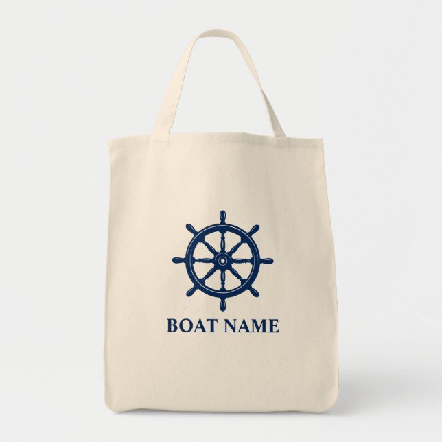 Boat Name Ships Wheel Helm Eco Friendly Grocery Tote Bag (Front)