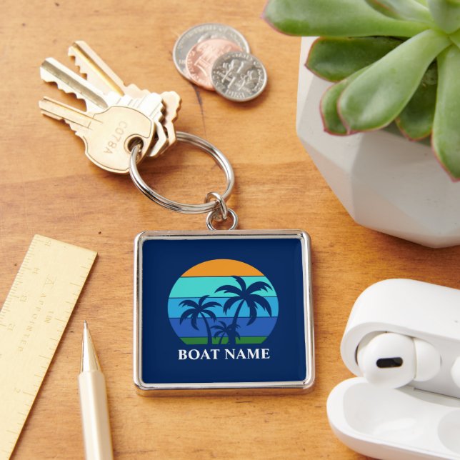 Boat Name Sun Palm Trees Blue Premium Keychain (Desk)