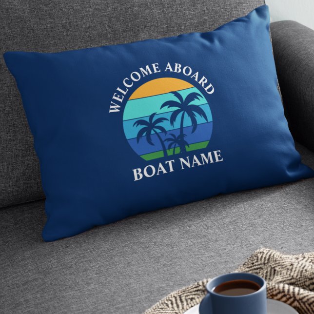 Boat Name Sun Palm Trees Welcome Aboard Blue Accent Pillow (Customize to change text size or text style.)