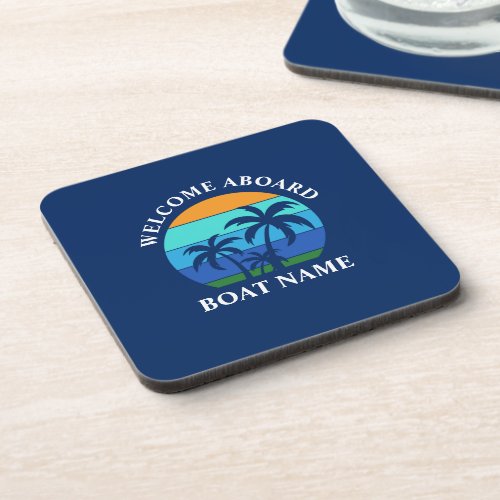 Boat Name Sun Palm Trees Welcome Aboard Blue Beverage Coaster