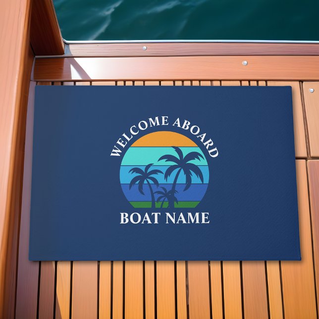 Boat Name Sun Palm Trees Welcome Aboard Blue Doormat (Customize to change text size, style or background color.)