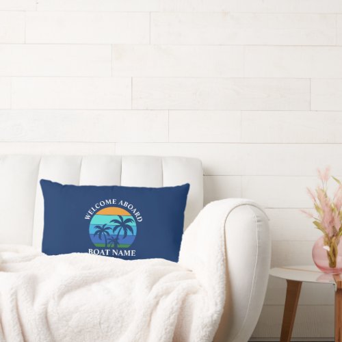 Boat Name Sun Palm Trees Welcome Aboard Blue Lumbar Pillow