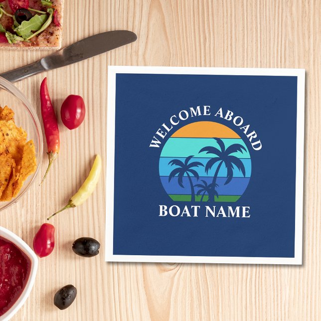 Boat Name Sun Palm Trees Welcome Aboard Blue Napkins (Customize to change text size, style or background color.)