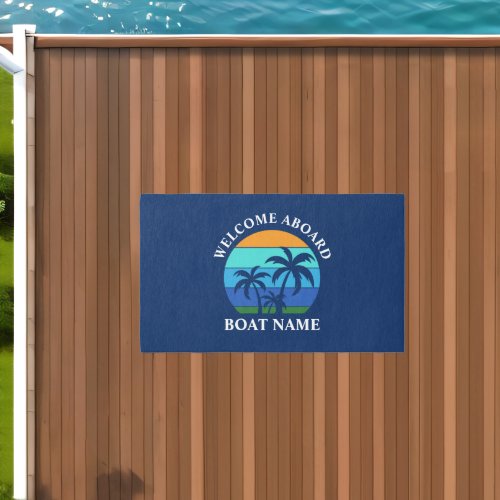 Boat Name Sun Palm Trees Welcome Aboard Blue Outdoor Rug