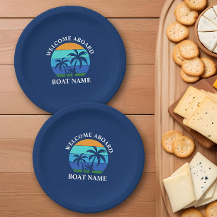 Boat Name Sun Palm Trees Welcome Aboard Blue Paper Plates