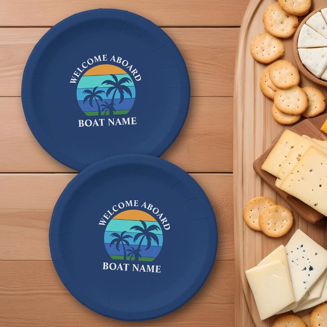 Boat Name Sun Palm Trees Welcome Aboard Blue Paper Plates (Customize to change text size, text style or background color.)