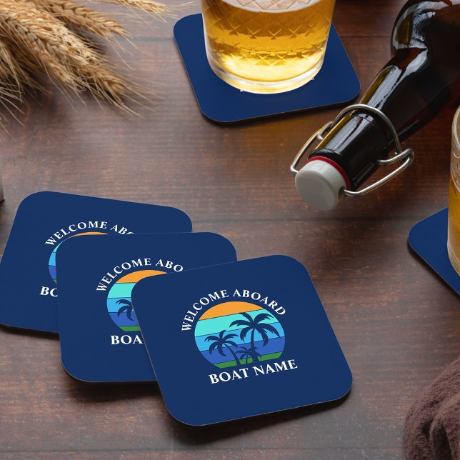 Boat Name Sun Palm Trees Welcome Aboard Blue Square Paper Coaster (Customize to change text size, style or background color.)