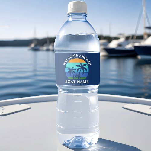 Boat Name Sun Palm Trees Welcome Aboard Blue Water Bottle Label