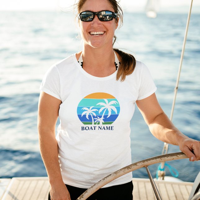Boat Name Sun Palm Trees White Tri-Blend Shirt (Customize to change text size or color.)