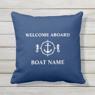 Boat Name Welcome Aboard Seahorse Anchor Navy Blue Outdoor Pillow
