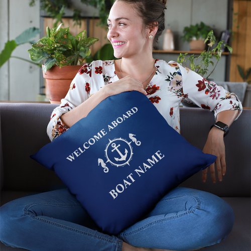 Boat Name Welcome Aboard Seahorse Anchor Navy Blue Throw Pillow