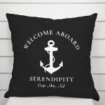 Boat Nautical Anchor Black Outdoor Pillow<br><div class="desc">A chic modern nautical-themed pillow for your boat that features a white illustration of an anchor on a black background. You can personalize the "Welcome Aboard" text and your boat's name and location in modern white typography.</div>