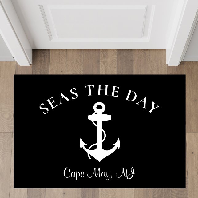 Boat Nautical Anchor Black Outdoor Rug (Add a personal and classic touch of elegance to your boat decor with a monogram area rug)