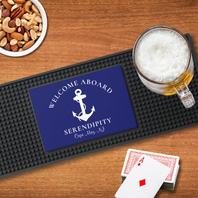 Boat Nautical Anchor Navy Blue Welcome Aboard Bar Mat (Creator Uploaded)
