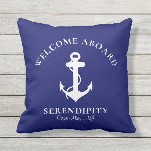 Boat Nautical Anchor Navy Blue Welcome Aboard Outdoor Pillow