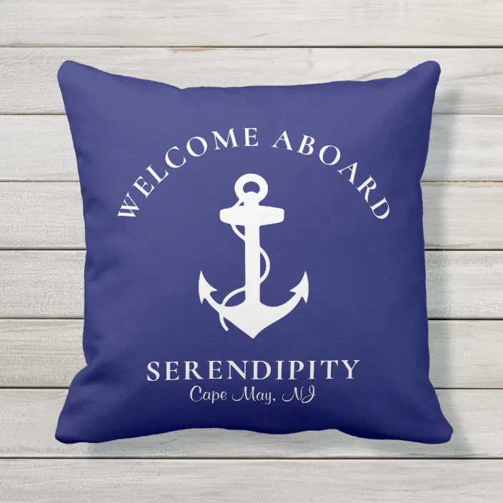 Boat Nautical Anchor Navy Blue Welcome, Nautical Themed Outdoor Pillows