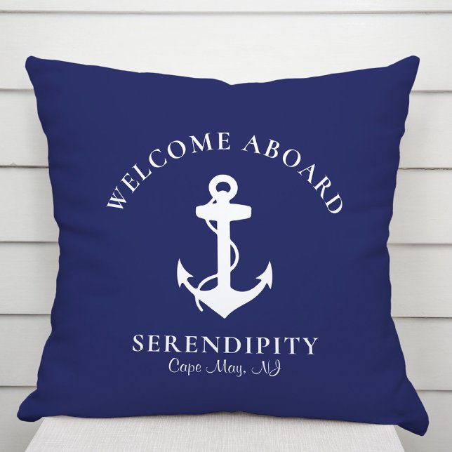 Boat Nautical Anchor Navy Blue Welcome Aboard Outdoor Pillow (Creator Uploaded)