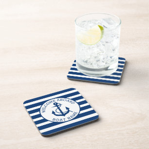 Boat Nautical Anchor Navy Custom Welcome Aboard Beverage Coaster