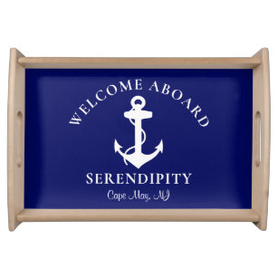 Boat Nautical Anchor Navy Monogram Welcome Aboard Serving Tray