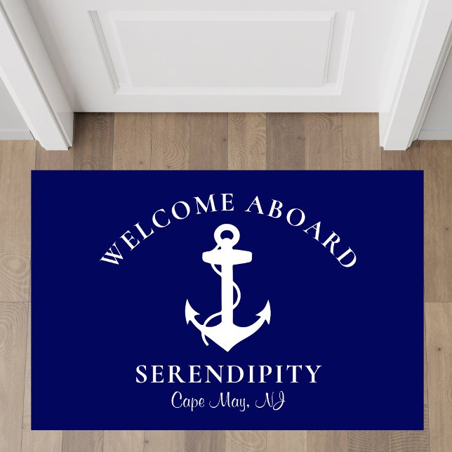 Boat Nautical Anchor Navy Outdoor Rug (Add a personal and classic touch of elegance to your boat decor with a monogram area rug)