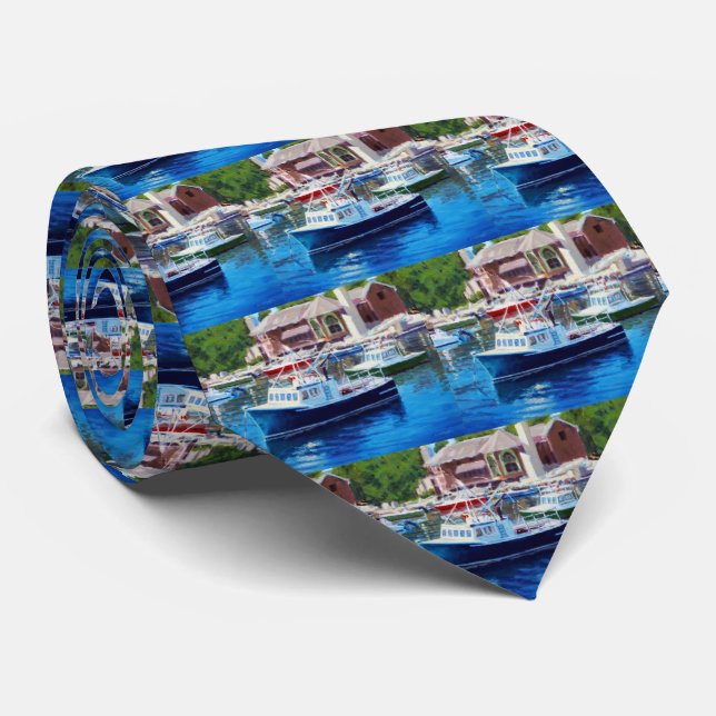 Boat Nautical Artwork Neck Tie (Rolled)