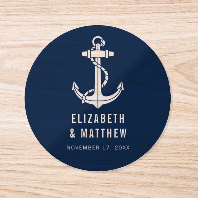 Boat Navy Blue Anchor Beach Wedding Custom Classic Round Sticker (Single)