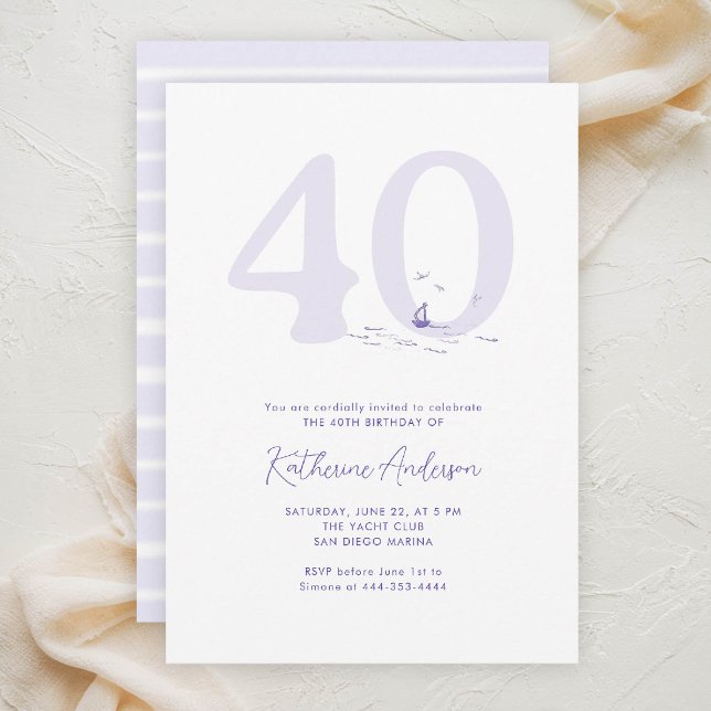 Boat Ocean Nautical Coastal Elegant 40th Birthday Invitation (40TH birthday invitation her coastal nautical boat yacht beach waterfront ocean marina modern)
