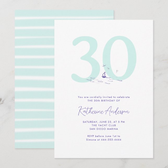 Boat Ocean Nautical Coastal Modern 30th Birthday Invitation (Front/Back)