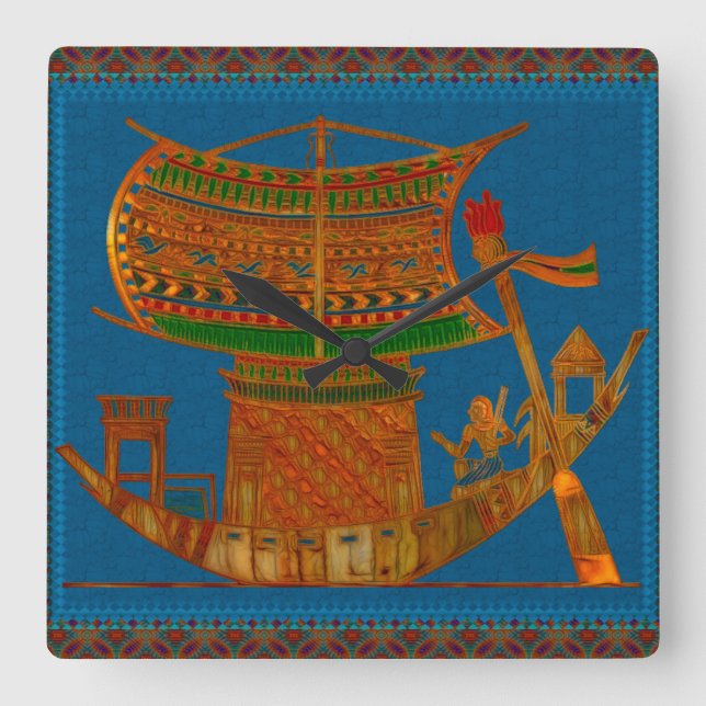Boat of Reeds Egyptian Folk Art Square Wall Clock (Front)