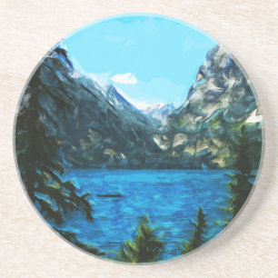 Boat on Mountain Lake Abstract Impressionism Sandstone Coaster