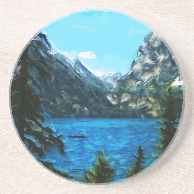 Boat on Mountain Lake Abstract Impressionism Sandstone Coaster (Front)