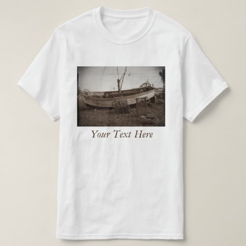 boat on pebble beach lobster pots antiqued photo T_Shirt