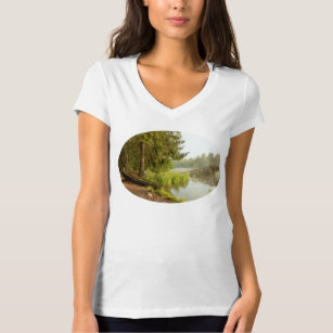 Boat on River Bank of Foggy Forest T-Shirt