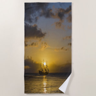 Boat On Sunset Beach Towel