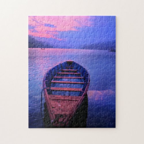 Boat On Tranquil Lake at Sunset Jigsaw Puzzle