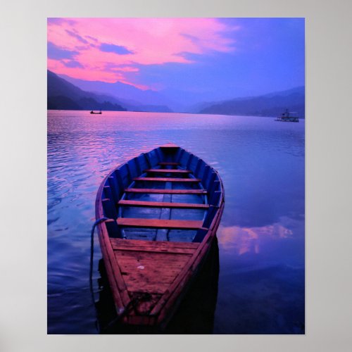 Boat On Tranquil Lake at Sunset Poster