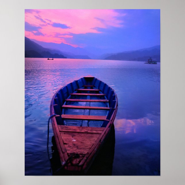 Boat On Tranquil Lake at Sunset Poster (Front)