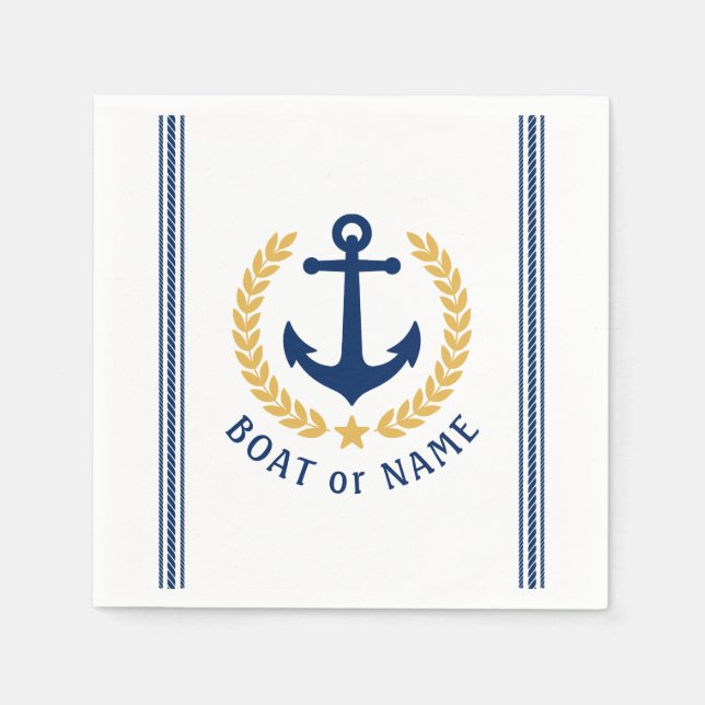 Boat or Family Name Anchor Laurel Rope Stripes Napkins (Front)