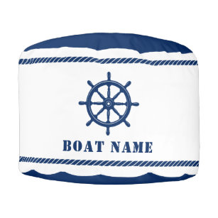 Boat or Family Name Nautical Ship Helm Blue White Pouf