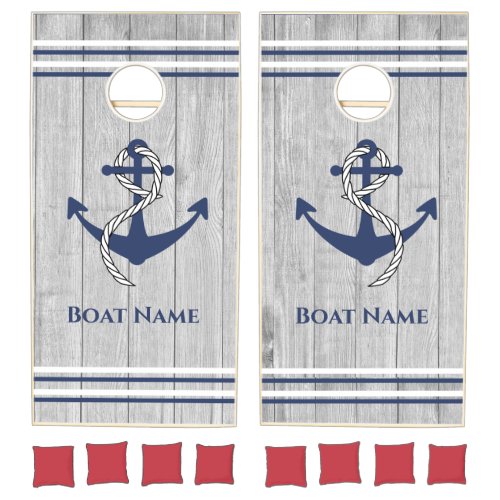 Boat or Family Name Vintage Anchor Rope Stripes  Cornhole Set