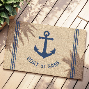 Boat or Family Name Vintage Anchor Rope Stripes Fiber Doormat