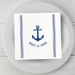 Boat or Family Name Vintage Anchor Rope Stripes Napkins<br><div class="desc">Personalized Party Napkins with Your boat name,  family name or other desired text. Featuring a custom designed vintage boat anchor and nautical rope stripes in navy blue on white or easily adjust the primary color to match your current theme. Great for birthdays,  parties,  holidays or any occasion.</div>