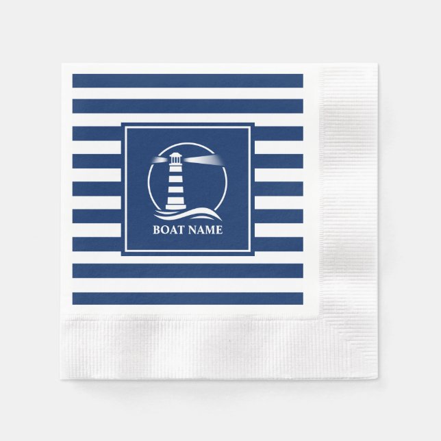 Boat or Name Classic Lighthouse with Blue Stripes Napkins (Front)