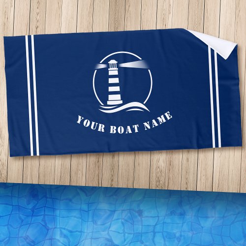 Boat or Name Nautical Classic Lighthouse Navy Blue Beach Towel