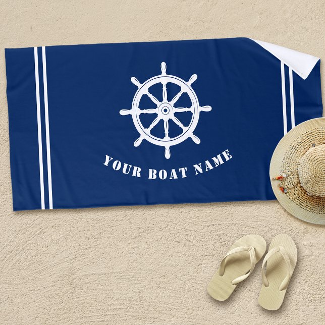 Boat or Name Nautical Ships Wheel Helm Navy Blue Beach Towel (Creator Uploaded)
